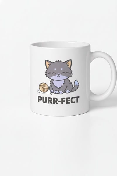 Kattenmok 'Purr-fect' Grijze Kat met Wolbol – Cadeau Kattenliefhebber – Wit – Keramiek 330 ml
