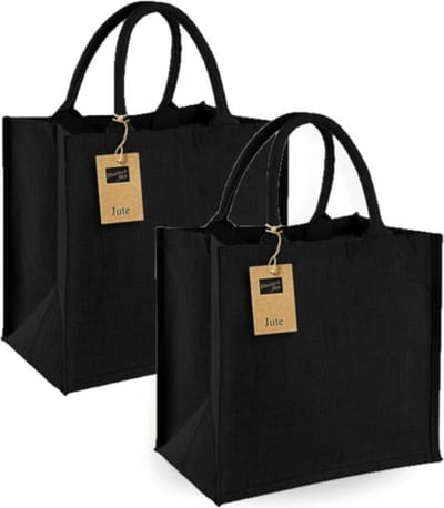 Jute boodschappentas - 2x - 14 liter - zwart - shopper - klein - 30 x 30 x 16 cm