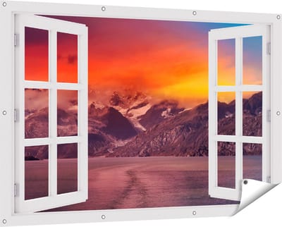 Gards Tuinposter Doorkijk Meer bij de Bergen bij Zonsondergang - 150x100 cm - Tuindoek - Tuindecoratie - Wanddecoratie buiten - Tuinschilderij