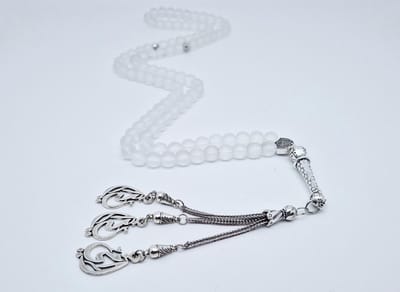 Handgemaakte tesbih "Tasbih" natuursteen "Selenite" - Aantal kralen 99 - Diameter kralen 8MM - met metaal tassel "Mijn moeder" - Een mooi cadeau-idee