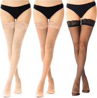 3 Stijl Hold Ups Thigh High Kousen voor Vrouwen, Antislip Silicone, Kant Bovenkant, Sexy Nylon Sheer Kousen met Comfortabele Pasvorm