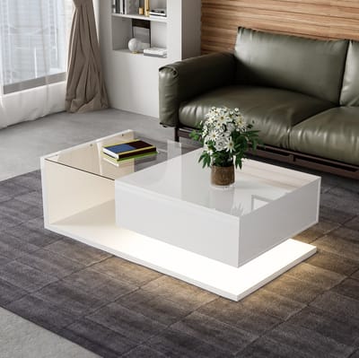 DESMIU Salontafel - Hoogglans Wit Met Gehard Glas En Ledverlichting - Modern Voor Woonkamer En Interieur - Spaanplaat - 105x55x32,5 Cm