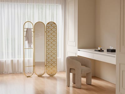 Vente-unique Kamerscherm art deco met spiegel in metaal - 3 luiken - L117 x H175 cm - Goudkleurig - MAVICA L 117 cm x H 175 cm x D 30 cm