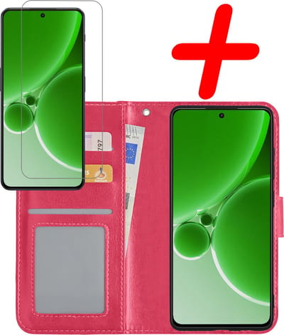 Hoesje Met Screenprotector - Geschikt voor OnePlus Nord 3 - Luxe Pasjeshouder - Bookcase Portemonee - Flip Case - Kunstleer Book Case - Flipcase - Book Cover - Walletcase - Portemonneehoes - Donkerroze