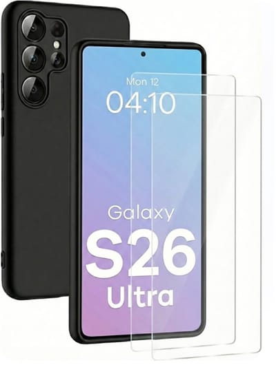 Hoesje en Glas Geschikt voor Samsung Galaxy S26 Ultra - Zwart - Casemania Siliconen Back Cover met Camera Bescherming + 2x Tempered Glazen Screenprotector - Shockproof Telefoonhoesje