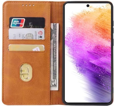 Smartphonica Samsung Galaxy A73 5G kunstleren hoesje met magnetische sluiting en pashouders book case - Bruin geschikt voor Samsung Galaxy A73 5G