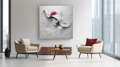 Vierkant Canvas Schilderij Vrouw - Zwart Wit met Rode Accenten - 3D Reliëf Stijl Moderne Wanddecoratie - 40 x 40 cm