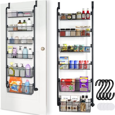 Deur Opbergrek Metaal met 6 Mandjes en 4 Haken – Zonder Boren – Hangend Opbergrek voor Deur – Kruidenrek voor Keuken en Badkamer – Zwart