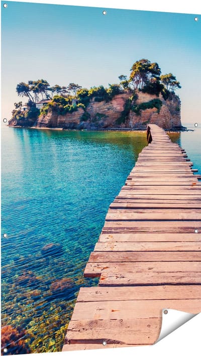 Gards Tuinposter Pad op het Water naar een Grieks Eiland - 100x150 cm - Tuindoek - Tuindecoratie - Wanddecoratie buiten - Tuinschilderij