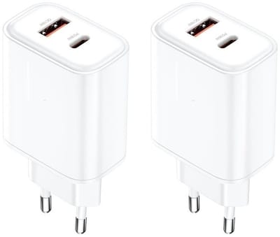 2 stuks OneOne 36W snellader met 2 poorten. USB C en USB A poort. Witte Quick Charge / PD PPS lader. GAN oplader adapter past op Universeel Sennheiser, Sigma, SKULLCANDY, TomTom, Ulefone Armor, Arnova, Wiko, Garmin, Doro, Evolveo