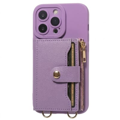 Paars telefoon hoesje met portemonnee en rits geschikt voor iPhone 13 Pro – kunstleer beschermende wallet case voor dames en heren met pasjeshouder, druksluiting, draagkoord bevestiging en standaard functie
