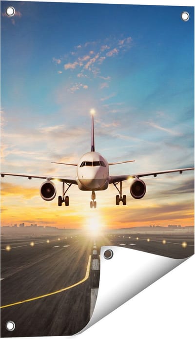 Gards Tuinposter Vliegtuig met een Landing op de Luchthaven - 40x60 cm - Tuindoek - Tuindecoratie - Wanddecoratie buiten - Tuinschilderij
