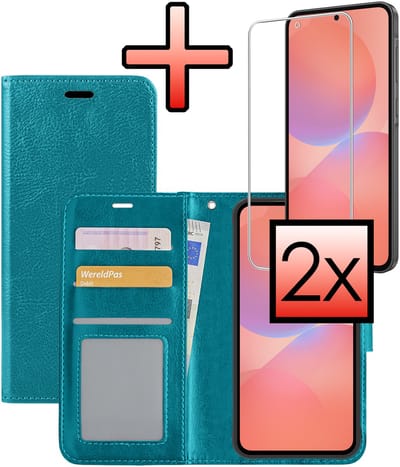 Hoesje - Met 2x Screenprotector - Geschikt voor Samsung Galaxy A36 - Luxe Pasjeshouder - Bookcase Portemonee - Flip Case - Kunstleer Book Case - Flipcase Hoes - Book Cover - Walletcase - Portemonneehoes - Turquoise