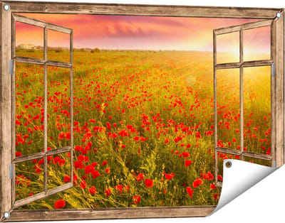 Gards Tuinposter Doorkijk Rode Klaproos Bloemenveld - Zonsondergang - 90x60 cm - Tuindoek - Tuindecoratie - Wanddecoratie buiten - Tuinschilderij