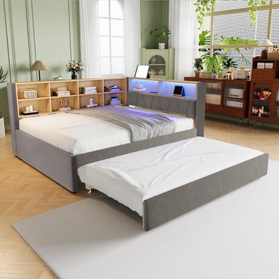 Pugsdrly Tweepersoonsbed slaapbank volwassenen bed 140x200 onderschuifbed 90x190 met USB aansluiting en talrijke opbergvakken donkergrijze