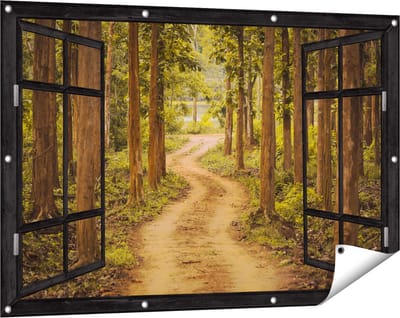 Gards Tuinposter Doorkijk Pad in het Bos met Bomen - 120x80 cm - Tuindoek - Tuindecoratie - Wanddecoratie buiten - Tuinschilderij