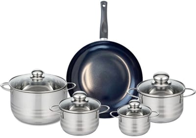 Set van 1 Koekenpan 28 cm en 4 kookpotten 12, 14, 16 en 20 cm Elo Prima Glanzend
