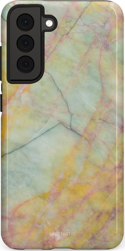 Casetastic hoesje geschikt voor Samsung Galaxy S21 FE 5G - Dubbellaagse bescherming - Zomer Marmer - Fashion Case - Mintgroen Geel