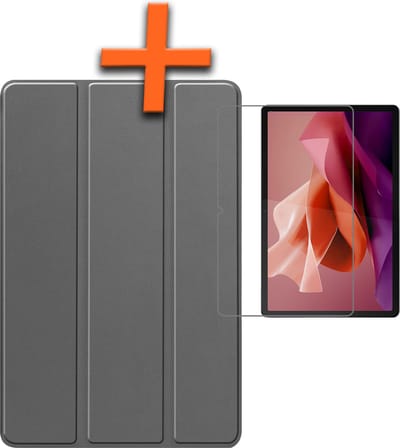 Hoesje - Geschikt voor Lenovo Tab P12 - Met Screenprotector - Trifold Bookcase - Hard Cover Case - Met Uitsparing Geschikt voor Lenovo Pen - Hardcover Book - Tablet Hoes - Grijs