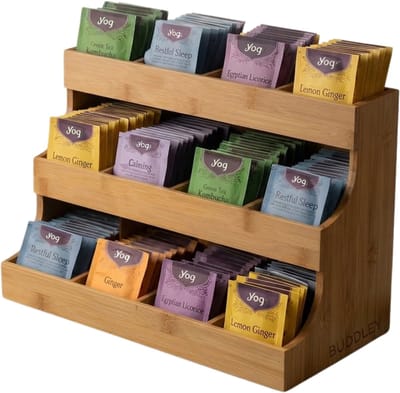BUDDLEY Thee Organizer 12 vaks - Bamboe - Theedoos - Theehouder - Theebox - Thee organiser - Display - Rekje - Thee Houder Hout - Theedozen - Theekist - Theezak organiser - Theezakjes box - Houten - Thee doos - 12 vakken - Rek - Kantoor - Tea -Staand