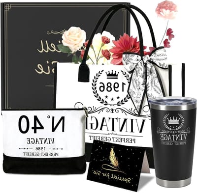 40e Verjaardag Cadeaus voor Vrouwen: Vintage Canvas Tote, Thermobeker en Cosmetica Set voor Kantoor en Winkelen