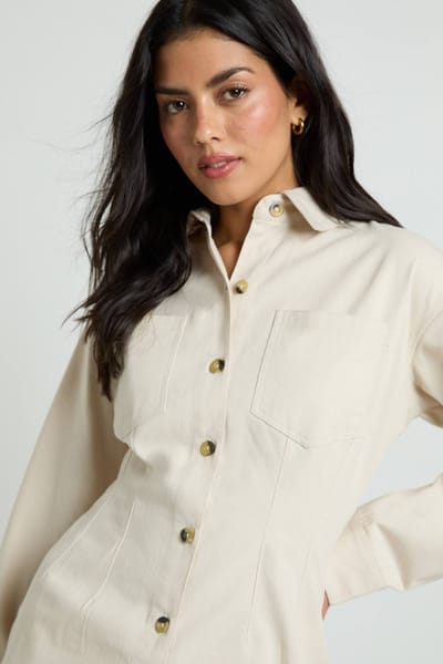 boohoo Dames Chambray Shirt Met Trekkoord | Ecru | Maat: 34