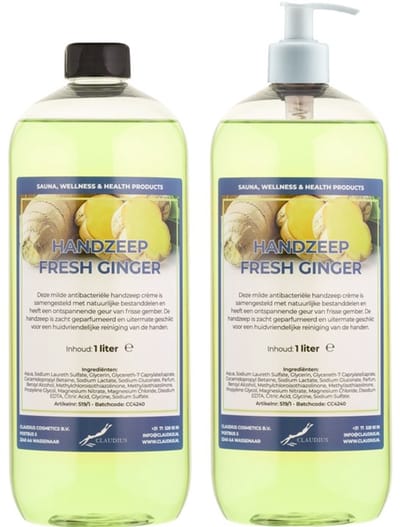 Handzeep Fresh Ginger 1 liter - set van 2 stuks - met gratis pomp - Voordeelverpakking