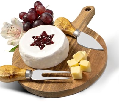 Famanu - Ronde acaciahouten kaasplank Ø17,5 cm met 2 messen, inclusief gratis e-book – Natuur