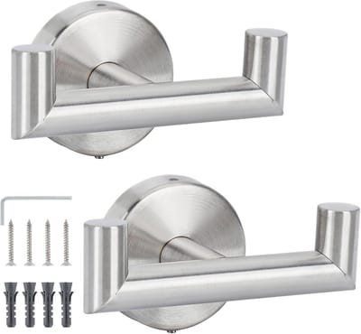 2 Stuks badkamerhaak, Wandhaak, Bad jashaak, handdoekhouder voor aan de muur, keukenhanddoekhaak met schroeven, Dubbele kleding haak van RVS staal, Zilver wandkapstok, Hand doekrek - Cyslmuk®