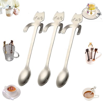 3 stuks Koffielepel in de vorm van een kat - Hangende bekerlepel van roestvrij staal - Handgemaakte metalen theelepel - Zilver - Voor het roeren van drankenhet mixen van smoothies en jam