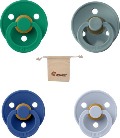 Bibs fopspeen 0-6 maanden|Set 4 stuks|Evergreen, Island sea, Cornflower en Dusty Blue + Monkiezz speenzakje|Maat 1