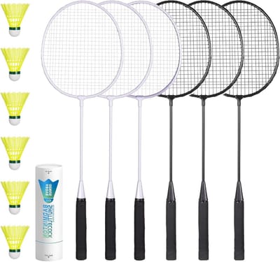 Complete Badminton Rackets Set voor Buiten, Inclusief 6 Rackets en 6 Nylon Shuttlecocks, Ideaal voor Beginners en Gezellige Spelletjes in de Tuin