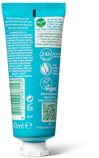 Happy Earth Deodorant Crème Cedar Lime - 100% Natuurlijk - 24 Uur Bescherming - Zonder Aluminium-chloorhydraat - Verzorgend na Scheren - 40 ml