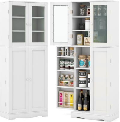 Costway Keukenkast van hout, hoge kast met glazen deuren, keukenbuffet, vrijstaand, multifunctioneel, met kantelbeveiliging, opbergkast voor keuken, eetkamer, woonkamer, 60 x 31,5 x 161,5 cm