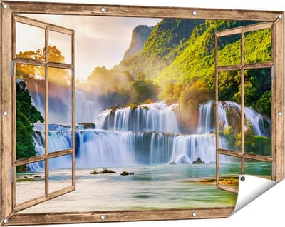 Gards Tuinposter Doorkijk Watervallen tussen de Bomen - 120x80 cm - Tuindoek - Tuindecoratie - Wanddecoratie buiten - Tuinschilderij