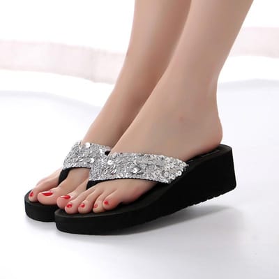 Tongs de plage à strass pour femmes, chaussures décontractées, compensées, tongs, pantoufles tendance pour femmes habillées 36 argenté