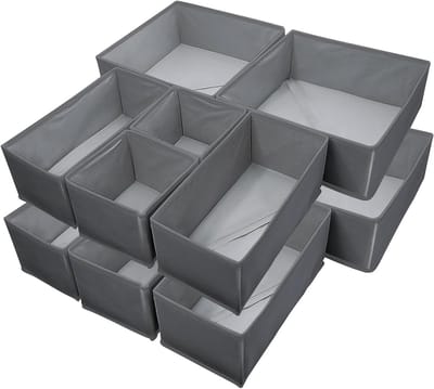 Famanu – Opvouwbare lade-organizer set (12 stuks) – Ladeverdelers voor kleding en accessoires – Opbergsysteem voor sokken, ondergoed en kleine items – Donkergrijs