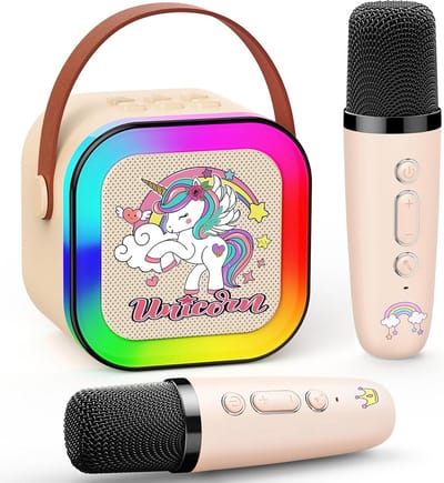 Karaoke Machine - Kinder Karaoke - Muziek Feestjes - Magische Spraakfunctie - 2 Microfoons - Eenhoorn Beige