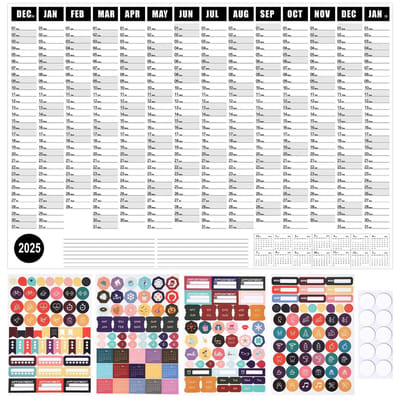 Dailygoods- Jaarkalender 2025 Grote Wandkalender - Kleurrijk Papier - 74,2x52,5cm - Volledige Jaarkalender - Eén Pagina - Ronde Stokjes