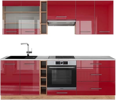 Vicco Fame-Line Complete keukeneenheid – 235 cm, WB Marmer Bordeaux hoogglans/gouden eik