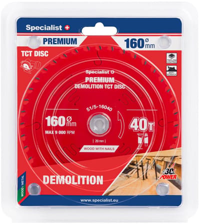 Cirkelzaagblad - 160x40T x 20mm voor Hout met Spijkers – Demolition PREMIUM SPECIALIST+