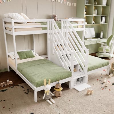 REDOM hoogslaper met 3 slaapplaatsen 90x200 cm – Grenenhout + MDF wit – Opbergladder met laden, veiligheidshek – EN747 – 100 kg per bed