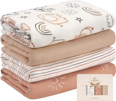 Set van 4 Baby Swaddling Doeken 120 x 120 cm van Katoen en Bamboe | Ademend, Zacht en Veelzijdig Gebruik