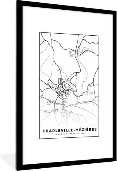 Fotolijst incl. Poster Zwart Wit- Charleville-Mézières - Stadskaart – Plattegrond – Kaart – Frankrijk - Zwart wit - 80x120 cm - Posterlijst