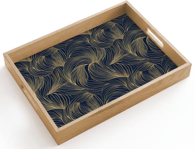 Dienblad hout 40x30 cm - Schootdienblad - Abstract - Lijnen - Blauw - Goud - Borrelplank rechthoek - Plateau dienbladen