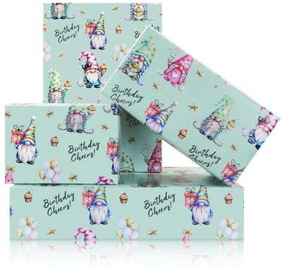 Dailygoods- Inpakpapier Verjaardag - Inpakpapier Kinderen - Inpakpapier Meisje/Jongen - 4 Vellen 50 x 70 cm - Schattige Kabouters met Ballon - Geschenkpapier
