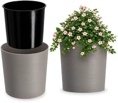 KADAX Bloempot met houtspaanders, elegante bloempot met inzet, pot, tuinkom, bloembak, bloempotbescherming voor woonkamer, kantoor, ? 25 cm, grijs