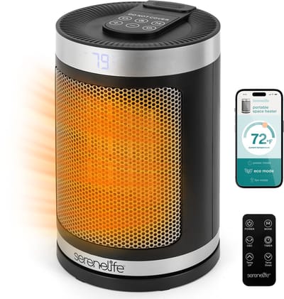 SereneLife Elektrische Kachel – 1500W Binnenverwarming – Met Thermostaat, Afstandsbediening – Wi-Fi PTC Keramische Verwarming ,Voor Thuis en Kantoor – Zwart
