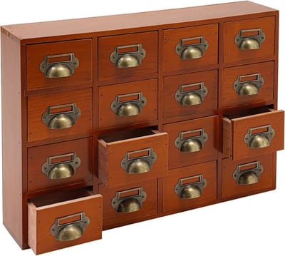 Houten Ladebox met 16 Lades, 50 x 10 x 35 cm, Organisator voor Bureau en Huis, Bruin, Opbergoplossing voor Medicijnen en Kantoorbenodigdheden