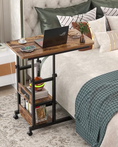 Verstelbare bijzettafel - C-vorm tafel - Laptop & salontafel - Met ingebouwd laadstation - 39x80x80cm - Rustiek bruin